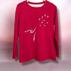 Womens Red Cat Paw Print Fleece Lined Sweatshirt Long Sleeve Crew Neck Pullover